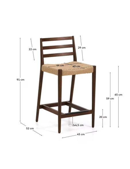 Taburete Analy respaldo madera maciza roble acabado nogal y asiento de cuerda 65cm FSC100% - Kave Home