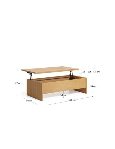 Mesa de centro elevable Abilen de chapa de roble 110 x 60 cm FSC 100% - Kave Home