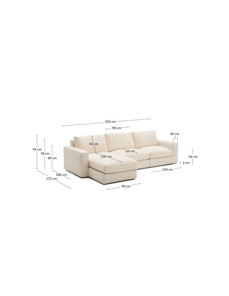 Sofá modular desenfundable Alea 4 plazas chenilla chaise longue izquierdo crudo 310 cm - Kave Home
