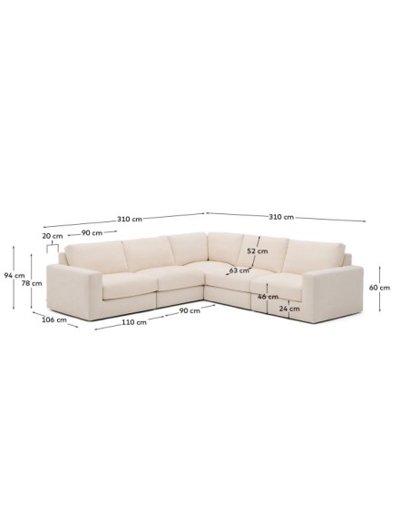 Sofá rinconero modular desenfundable Alea 5 plazas chenilla crudo 310 x 310 cm - Kave Home