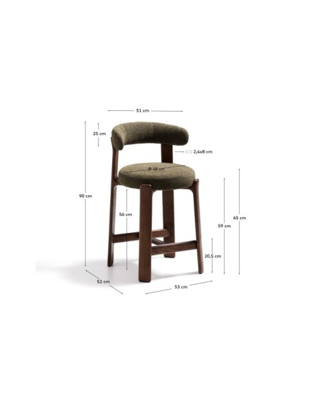 Taburete Granite de chenilla verde y madera maciza de fresno con acabado tono nogal FSC 100% 65 cm - Kave Home