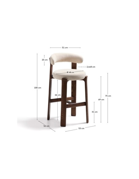 Taburete Granite de chenilla beige y madera maciza de fresno con acabado tono nogal FSC 100% 75 cm - Kave Home