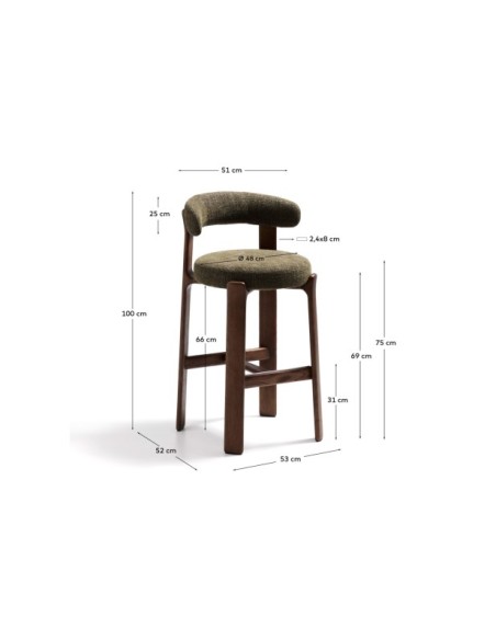 Taburete Granite de chenilla verde y madera maciza de fresno con acabado tono nogal FSC 100% 75 cm - Kave Home