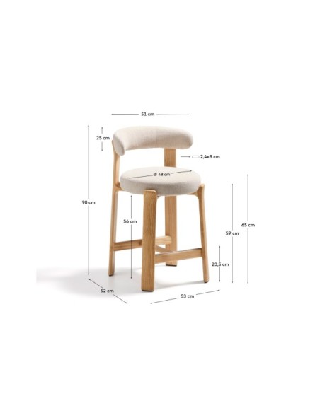 Taburete Granite de chenilla beige y madera maciza de fresno con acabado tono natural FSC 100% 65 cm - Kave Home