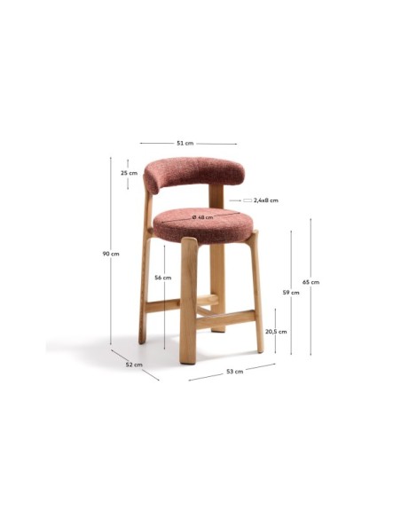 Taburete Granite de chenilla terracota y madera maciza de fresno con acabado tono natural FSC 100% 65 cm - Kave Home