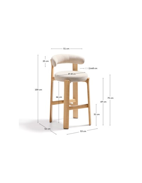 Taburete Granite de chenilla beige y madera maciza de fresno con acabado tono natural FSC 100% 75 cm - Kave Home