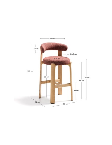 Taburete Granite de chenilla terracota y madera maciza de fresno con acabado tono natural FSC 100% 75 cm - Kave Home