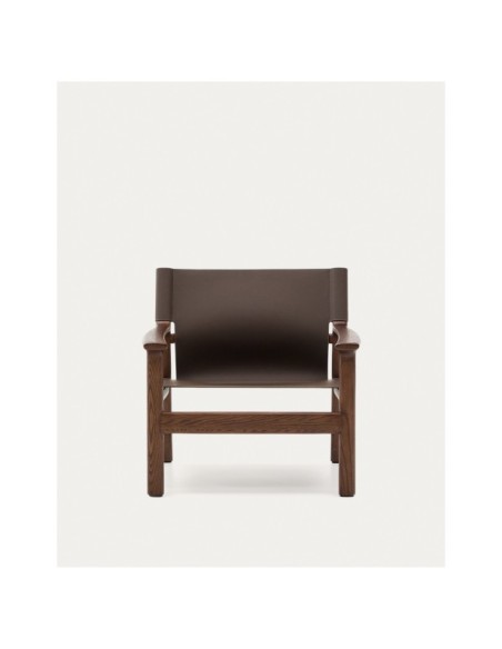 Butaca Jan de fibras de cuero reciclado marrón oscuro y madera maciza de fresno con acabado tono nogal FSC 100% - Kave Home