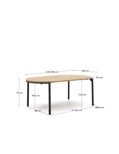 Mesa extensible redonda Montuiri chapa de roble y patas de acero acabado negro Ø 120 (200) cm - Kave Home