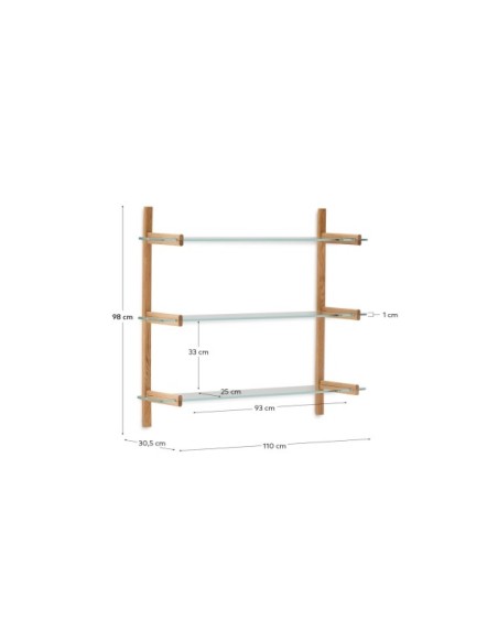 Estantería modular Sitra 3 baldas de cristal y madera maciza roble 110 cm FSC Mix Credit - Kave Home