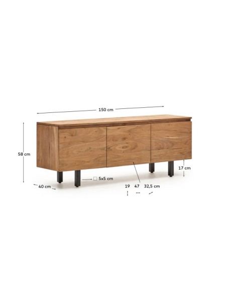 Mueble TV Uxue 3 puertas de madera maciza de acacia con acabado blanqueado 150 x 58 cm - Kave Home