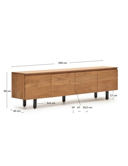 Mueble TV Uxue 3 puertas de madera maciza de acacia con acabado blanqueado 200 x 58 cm - Kave Home