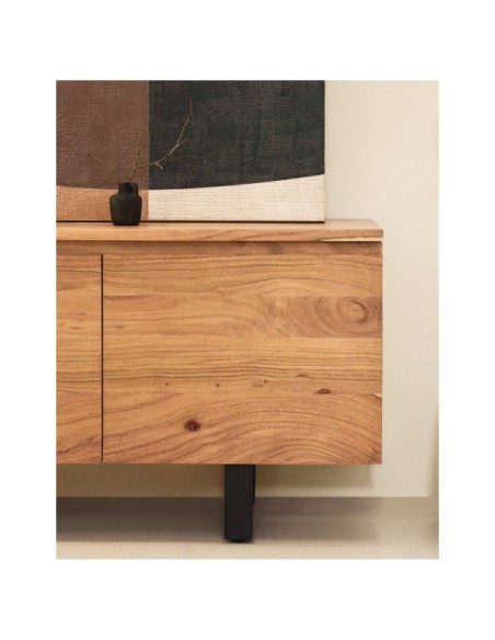 Mueble TV Uxue 3 puertas de madera maciza de acacia con acabado blanqueado 200 x 58 cm - Kave Home