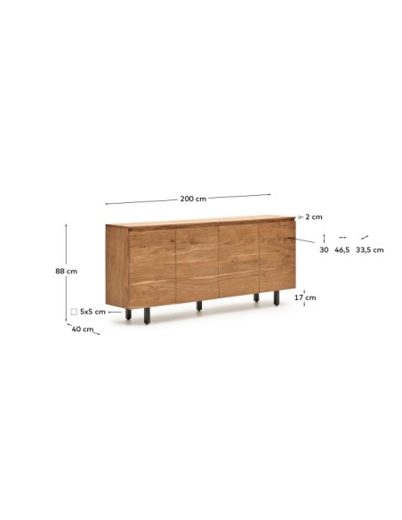 Aparador Uxue 4 puertas de madera maciza de acacia con acabado blanqueado 200 x 88 cm - Kave Home