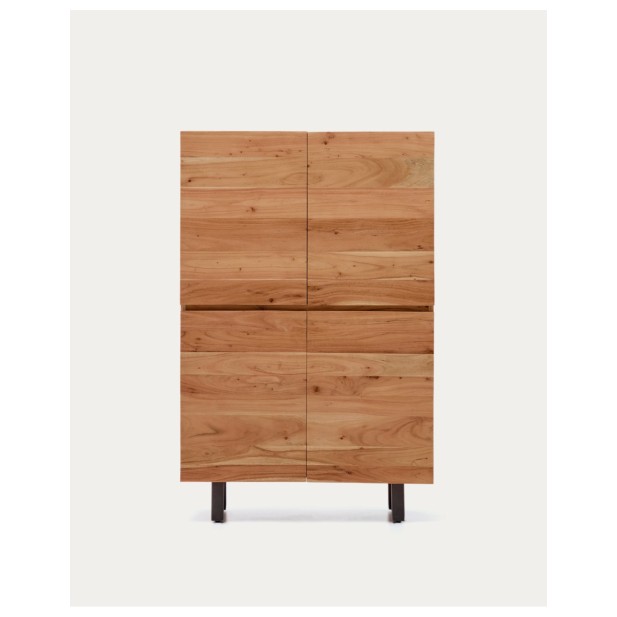 Aparador alto Uxue 4 puertas de madera maciza de acacia con acabado blanqueado y acero negro 100 x 155 cm - Kave Home