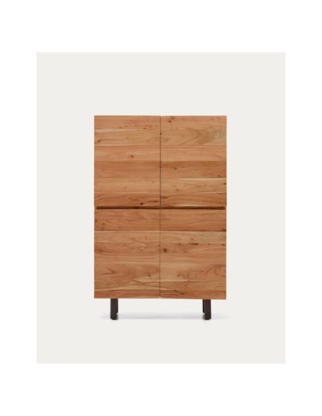 Aparador alto Uxue 4 puertas de madera maciza de acacia con acabado blanqueado y acero negro 100 x 155 cm - Kave Home