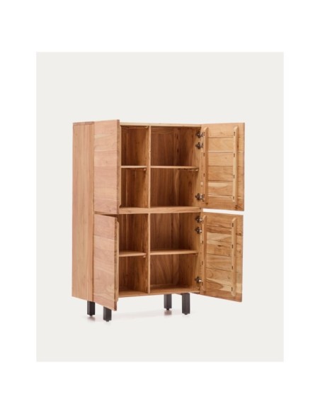 Aparador alto Uxue 4 puertas de madera maciza de acacia con acabado blanqueado y acero negro 100 x 155 cm - Kave Home