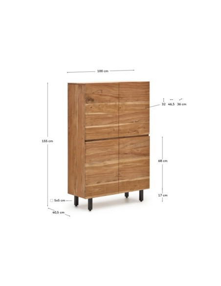 Aparador alto Uxue 4 puertas de madera maciza de acacia con acabado blanqueado y acero negro 100 x 155 cm - Kave Home