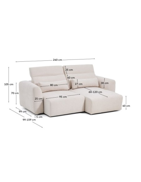 Sofá Lares 3 plazas con asientos deslizantes motorizados y cabezal reclinable de chenilla beige 240 cm - Kave Home