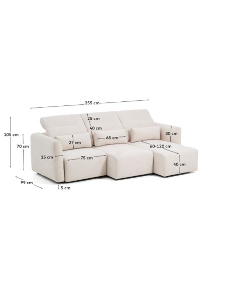 Sofá Lares 3 plazas con asientos deslizantes motorizados y cabezal reclinable de chenilla beige 255 cm - Kave Home