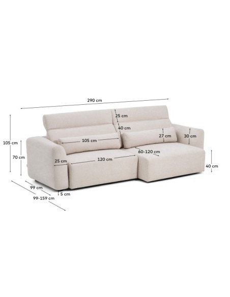 Sofá Lares 4 plazas con asientos deslizantes motorizados y cabezal reclinable de chenilla beige 290 cm - Kave Home