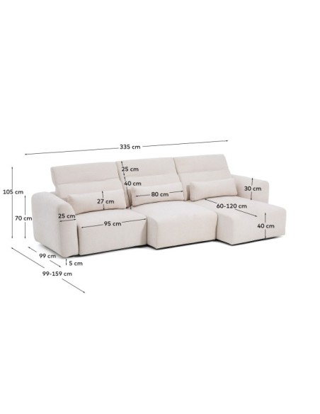 Sofá Lares 5 plazas con asientos deslizantes motorizados y cabezal reclinable de chenilla beige 335 cm - Kave Home