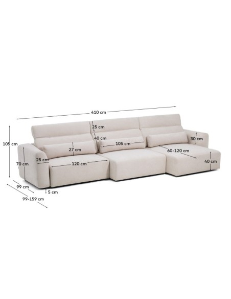 Sofá Lares 6 plazas con asientos deslizantes motorizados y cabezal reclinable de chenilla beige 410 cm - Kave Home