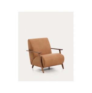 Butaca Meghan de piel marrón y madera maciza de fresno...