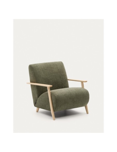 Butaca Meghan de chenilla verde y madera maciza de fresno con acabado natural FSC Mix Credit - Kave Home