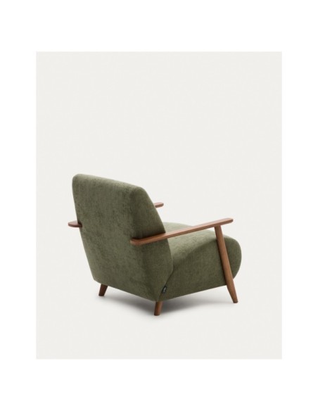 Butaca Meghan de chenilla verde y madera maciza de fresno con acabado nogal FSC Mix Credit - Kave Home
