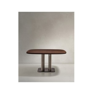 Mesa Melvar de chapa de nogal y patas con base de acero...