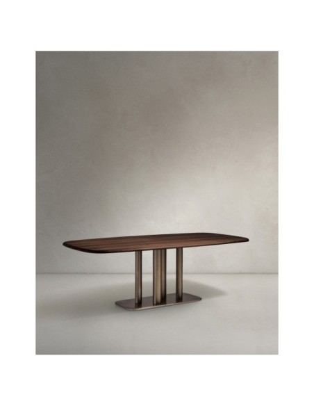 Mesa Melvar de chapa de nogal y patas con base de acero inoxidable cepillado 180 x 100 cm - Kave Home