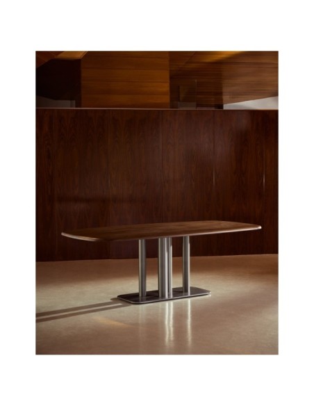 Mesa Melvar de chapa de nogal y patas con base de acero inoxidable cepillado 180 x 100 cm - Kave Home