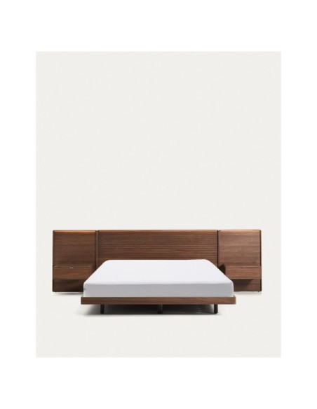Cama Norlen con 2 mesitas de noche de chapa nogal acabado oscuro y luz LED para colchón 180x200 cm FSC Mix Credit - Kave Home
