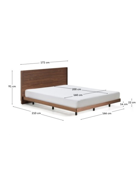 Cama Norlen de chapa de nogal con acabado oscuro y luz LED para colchón de 160 x 200 cm FSC Mix Credit - Kave Home