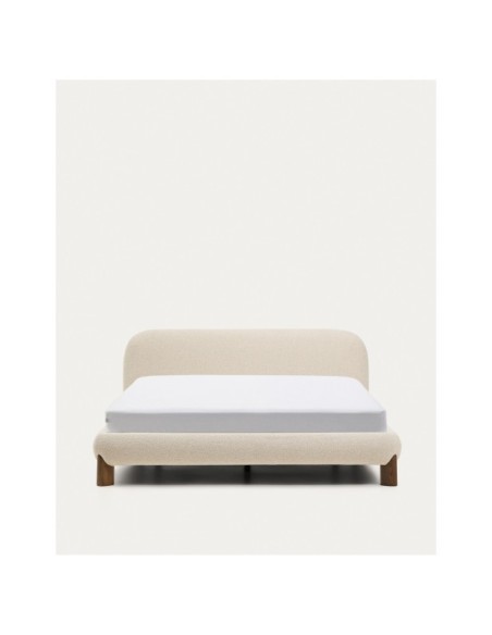 Cama desenfundable Odina bouclé crudo, patas madera maciza de fresno acabado nogal para colchón 160x200 cm - Kave Home