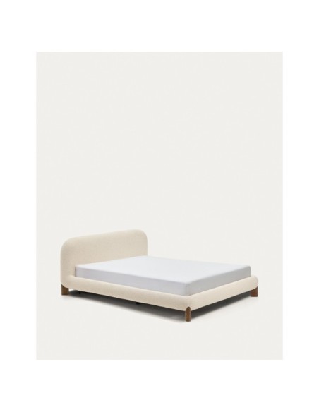 Cama desenfundable Odina bouclé crudo, patas madera maciza de fresno acabado nogal para colchón 160x200 cm - Kave Home