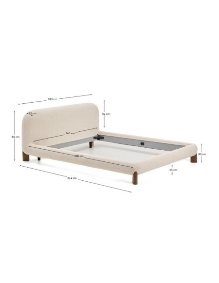 Cama desenfundable Odina bouclé crudo, patas madera maciza de fresno acabado nogal para colchón 160x200 cm - Kave Home