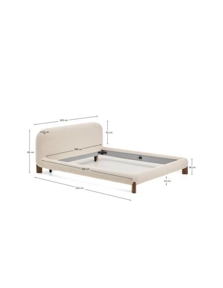 Cama desenfundable Odina bouclé crudo, patas madera maciza de fresno acabado nogal para colchón 180x200 cm - Kave Home