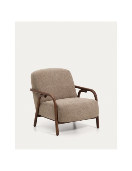 Butaca Sylo de chenilla topo y madera maciza de fresno con acabado tono nogal FSC 100% - Kave Home