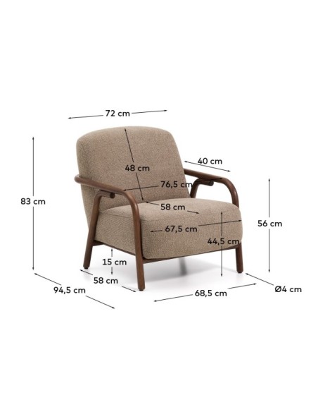 Butaca Sylo de chenilla topo y madera maciza de fresno con acabado tono nogal FSC 100% - Kave Home