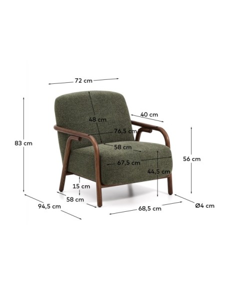 Butaca Sylo de chenilla verde oscuro y madera maciza de fresno con acabado tono nogal FSC 100% - Kave Home