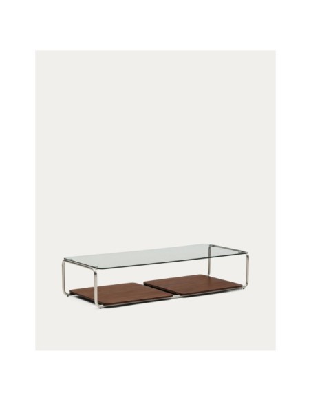 Mesa de centro Tarsel, cristal templado, bandeja chapa de nogal, estructura acero inox. cepillado 140x60 cm - Kave Home
