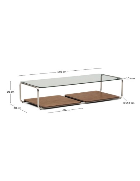 Mesa de centro Tarsel, cristal templado, bandeja chapa de nogal, estructura acero inox. cepillado 140x60 cm - Kave Home