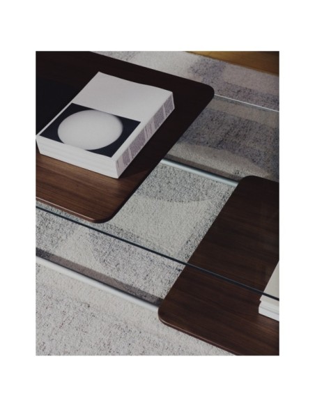 Mesa de centro Tarsel, cristal templado, bandeja chapa de nogal, estructura acero inox. cepillado 140x60 cm - Kave Home