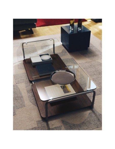 Mesa de centro Tarsel, cristal templado, bandeja chapa de nogal, estructura acero inox. cepillado 140x60 cm - Kave Home