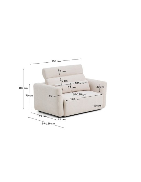 Sofá Lares 2 plazas con asientos deslizantes motorizados y cabezal reclinable de chenilla beige 150 cm - Kave Home