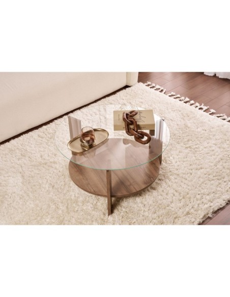 Mesa de Centro RITA, MDF Acabado Nogal / Cristal Transparente