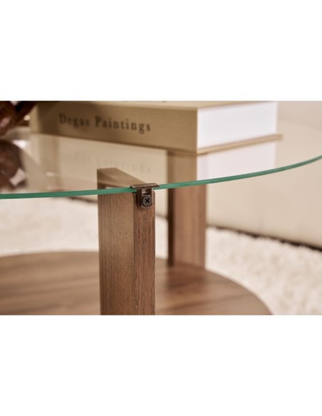 Mesa de Centro RITA, MDF Acabado Nogal / Cristal Transparente