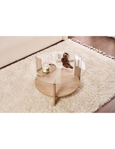 Mesa de Centro RITA, MDF Acabado Roble Zafiro / Cristal Transparente